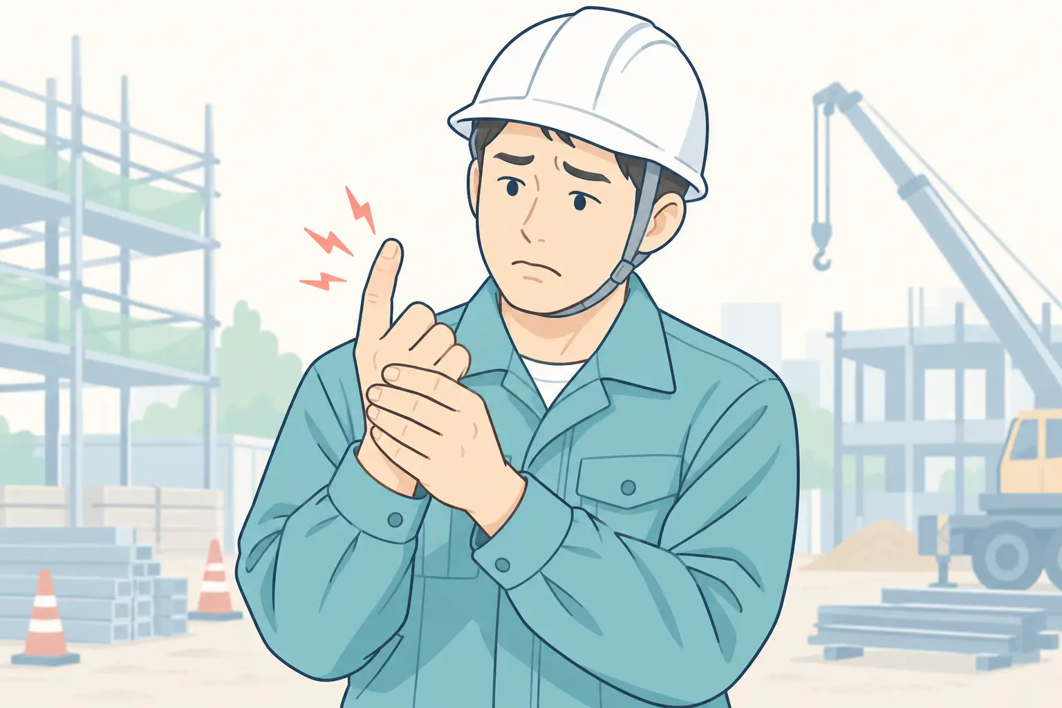 ヘルメットを着用した作業者が指の痛みを訴えるイラスト